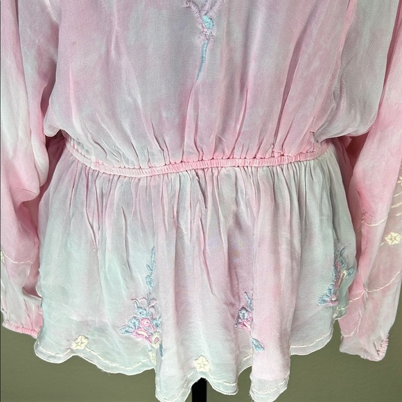 LoveShackFancy Pink Sheer Embroidered Blouse long Billowy Sleeves Size Large - Picture 8 of 10
